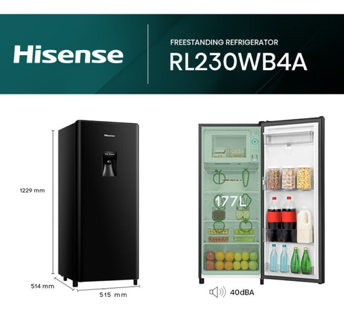 Heladera Hisense Single Door 177 Litros Dispenser De Agua Negra