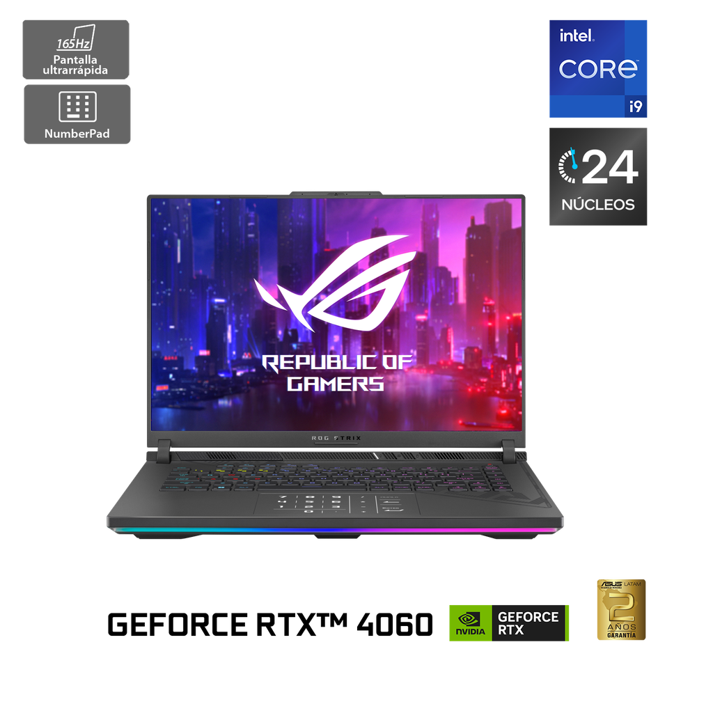 Notebook Gamer ROG Strix G16 Intel® Core™ i9 de 24 Núcleos NVIDIA GeForce RTX 4060 16 GB 1TB SSD 165HZ G614JVR-N3031W